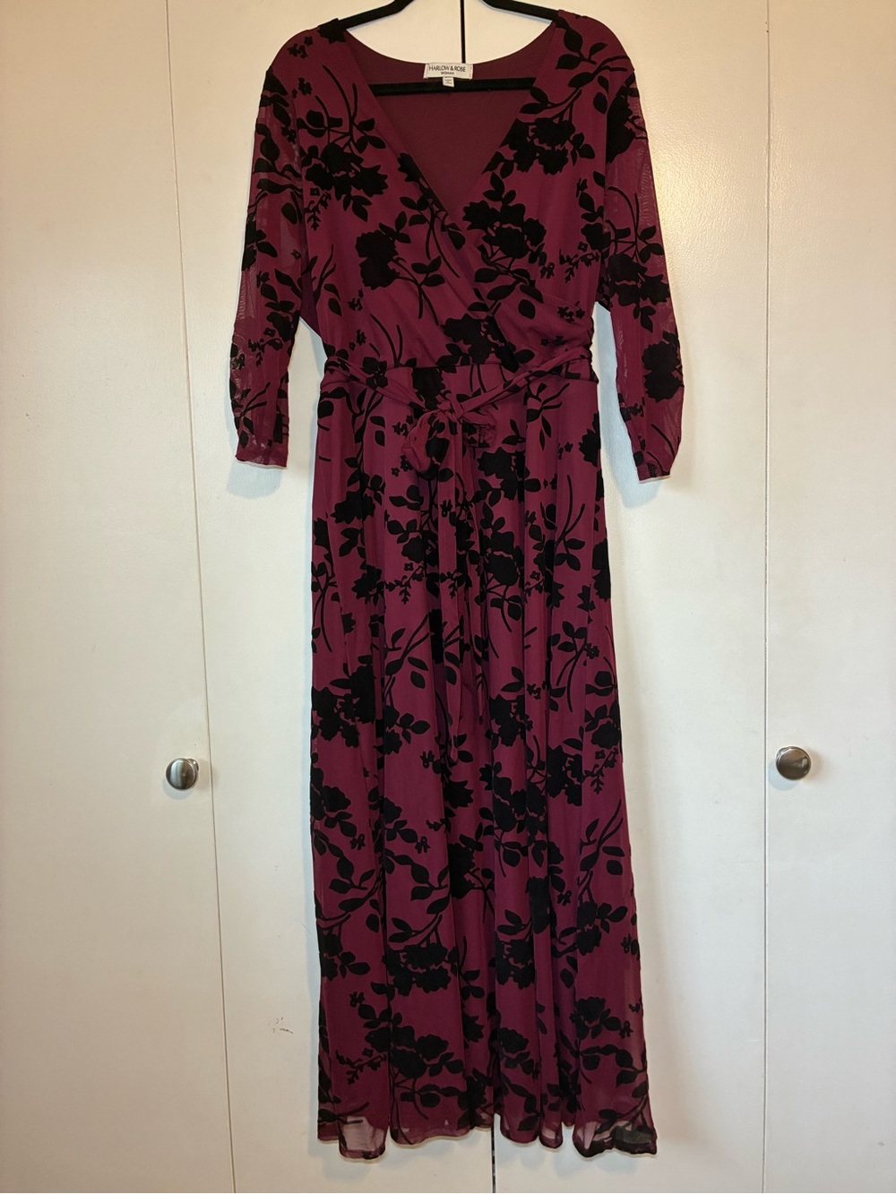 Floral Wrap Maxi Dress in Burgundy with Black Print